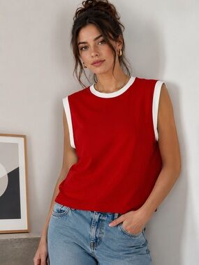 Women’s Red Sleeveless Contrast-Trim Top Casual Size M